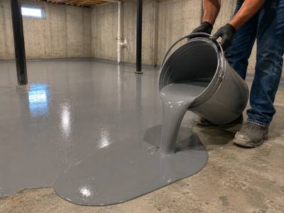 Grey resin spreading out across a slab that has just been ground