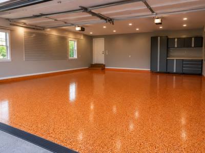 Orange chip floor in a double bay, doors closed