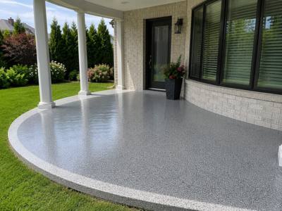 Curved porch slab with the coating carried right over the edge
