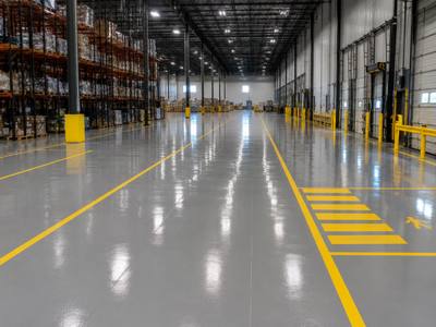 Warehouse floor with aisle and pedestrian crossing lines marked out