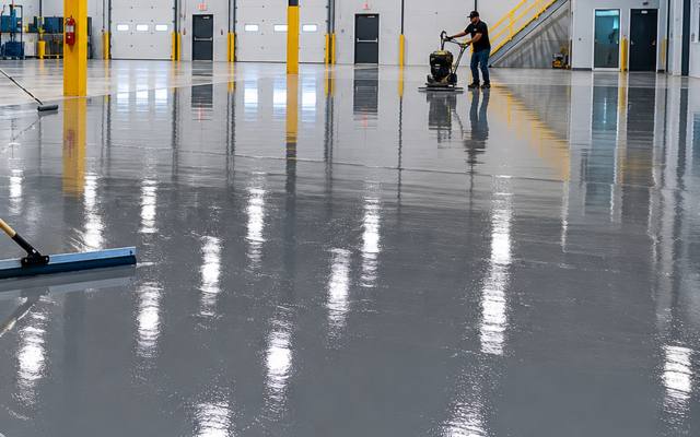 Grey coating across the open floor of a commercial unit
