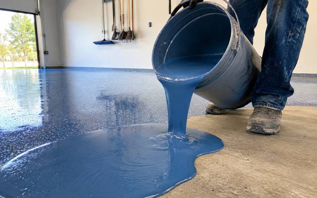 Blue resin being pulled across bare concrete that has just been opened up