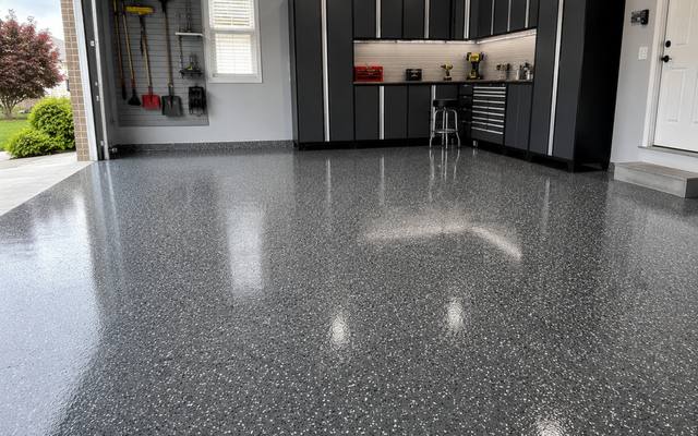 Grey flake broadcast finished tight to the garage door track