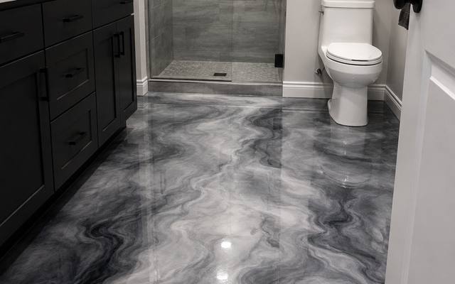 Metallic floor worked into a greyscale marble, with the pigment still showing its drift